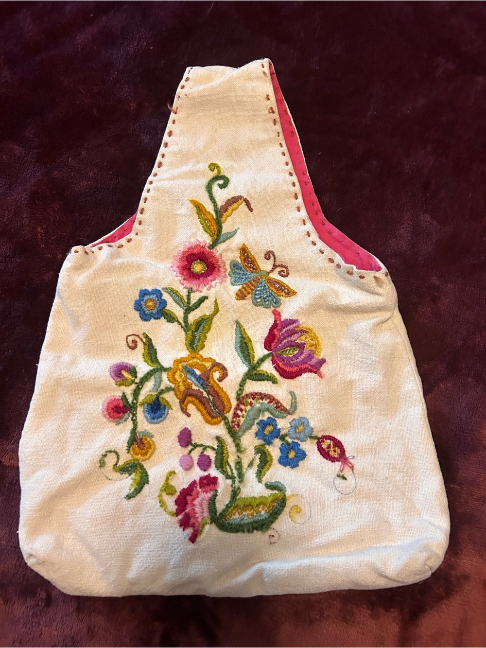Vintage 70’s Cream Floral Embroidered Tote Bag with Pink Lining